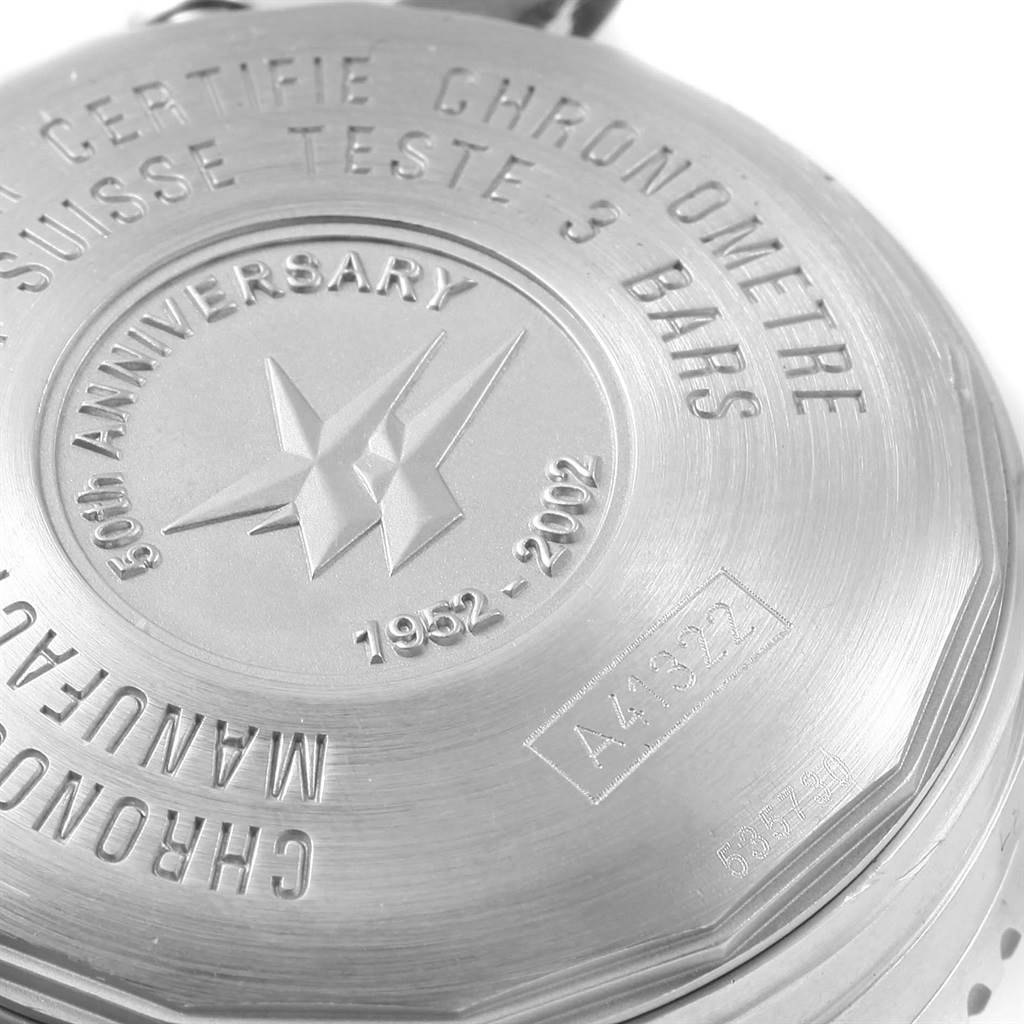 The image shows the case back of a Breitling Navitimer A41322 Men's Stainless Steel Silver Dial A41322 Men's Stainless Steel Silver Dial, featuring engraved text and a logo.