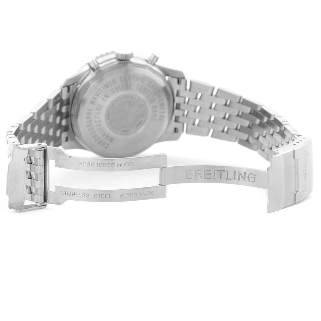 The image shows the Breitling Navitimer A41322 Men's Stainless Steel Silver Dial A41322 Men's Stainless Steel Silver Dial's back case and open stainless steel bracelet with the branding and clasp visible.