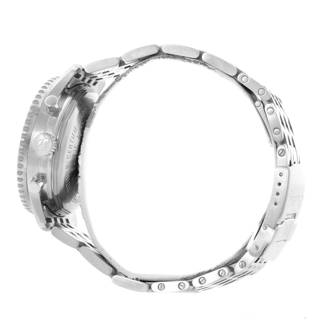 The side view of the Breitling Navitimer A41322 Men's Stainless Steel Silver Dial A41322 Men's Stainless Steel Silver Dial watch shows the case, buttons, bezel, and metal bracelet in a closed position.