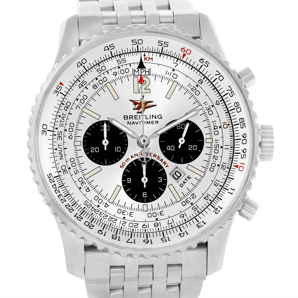 This image shows a front view of the Breitling Navitimer A41322 Men's Stainless Steel Silver Dial A41322 Men's Stainless Steel Silver Dial 50th Anniversary Edition watch, highlighting the dial, chronographs, and bezel.