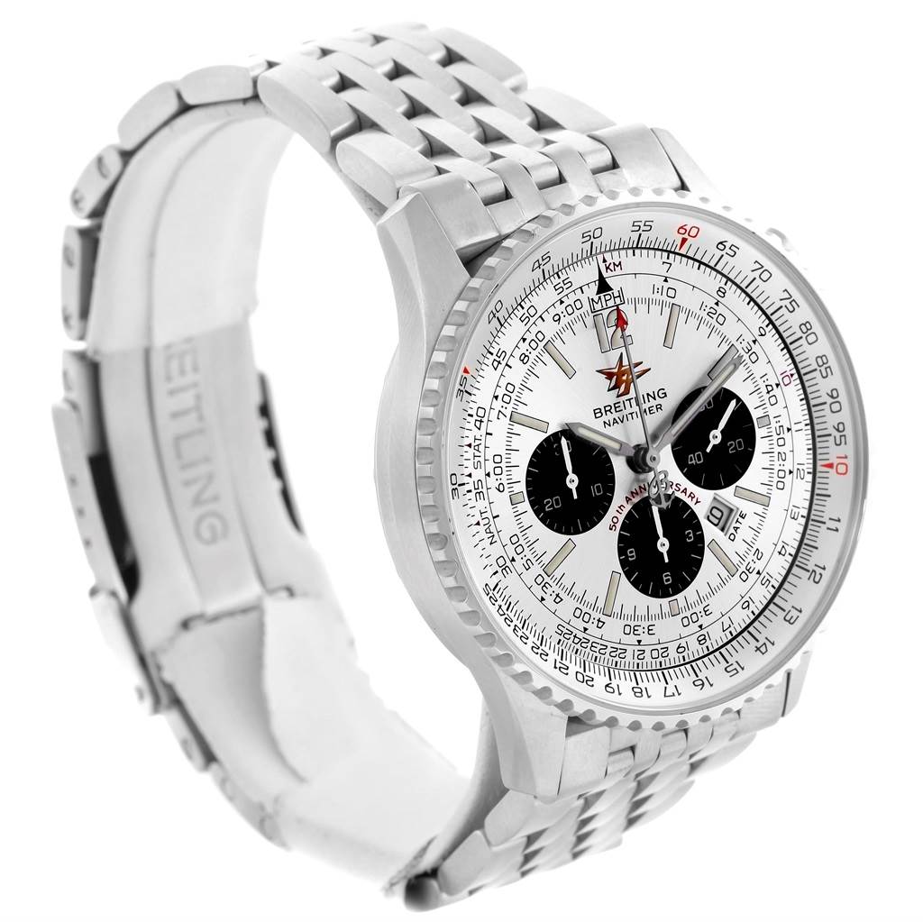 The Breitling Navitimer A41322 Men's Stainless Steel Silver Dial A41322 Men's Stainless Steel Silver Dial model is shown at a three-quarter angle, highlighting the face, bezel, and bracelet.