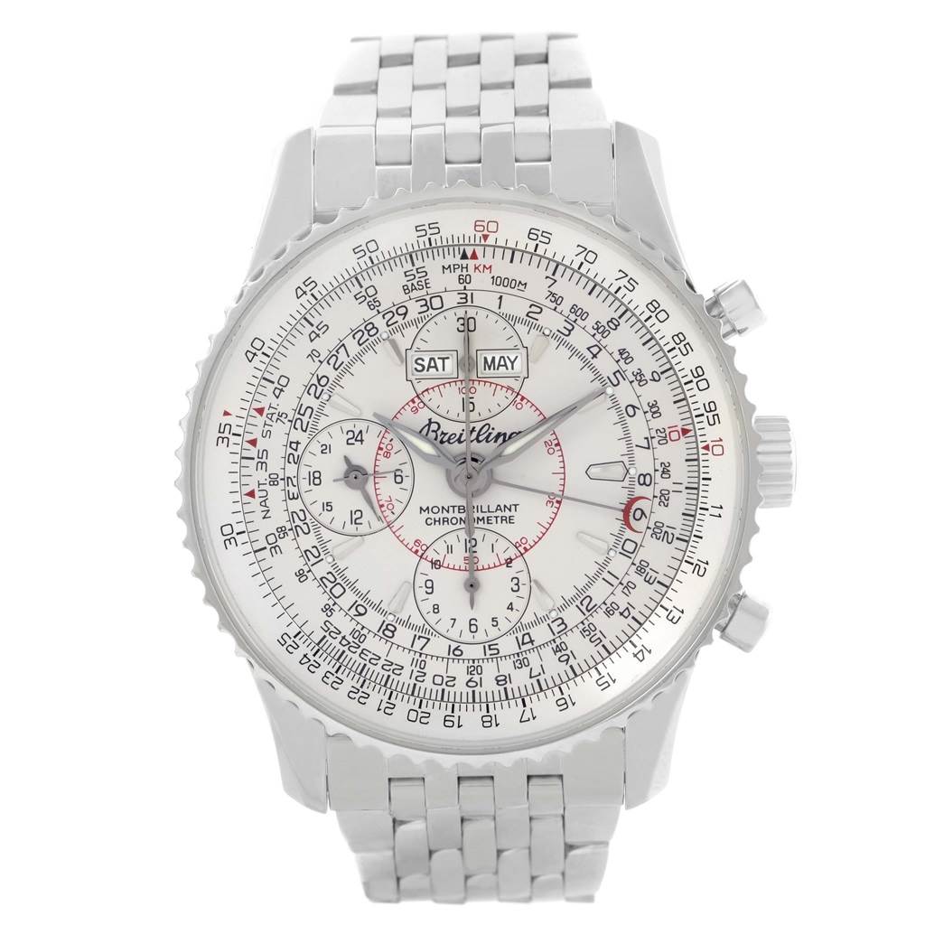 The image shows a front view of a Breitling Navitimer A21330 Men's Stainless Steel Silver Dial A21330 Men's Stainless Steel Silver Dial watch, highlighting its dial, bezel, sub-dials, and stainless steel bracelet.