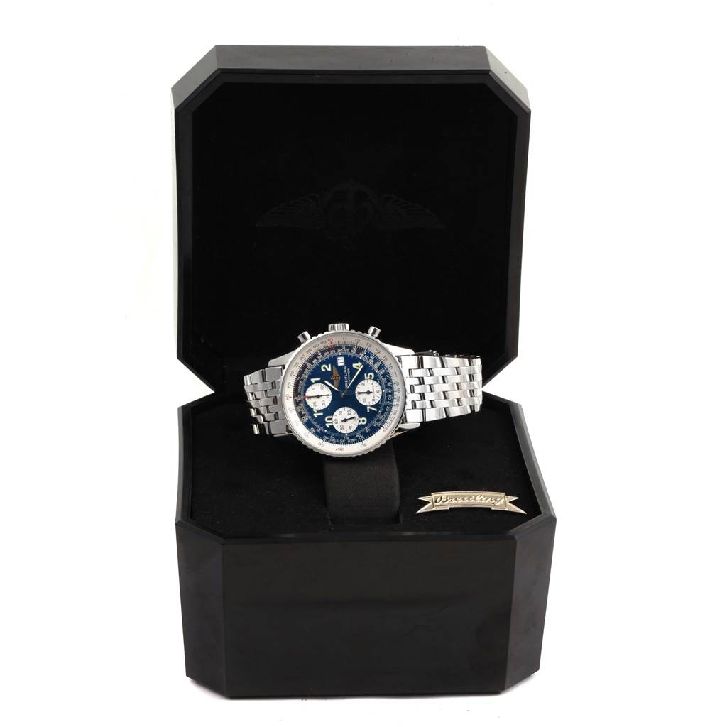 The Breitling Navitimer A13322 Men's Stainless Steel Blue Dial A13322 Men's Stainless Steel Blue Dial watch is displayed front-on in an open box, showing its face and metal band.