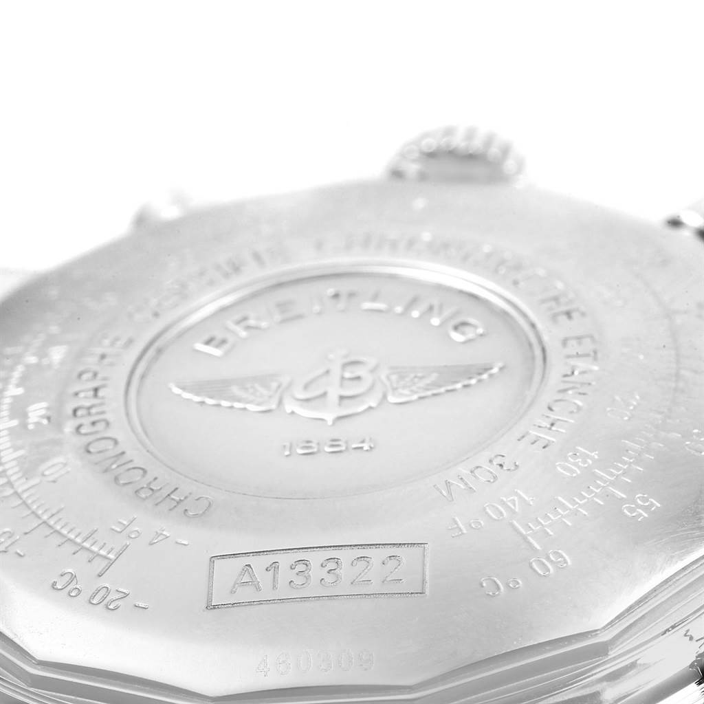 The image shows the case back of a Breitling Navitimer A13322 Men's Stainless Steel Blue Dial A13322 Men's Stainless Steel Blue Dial watch, displaying the engraved model number and brand insignia.