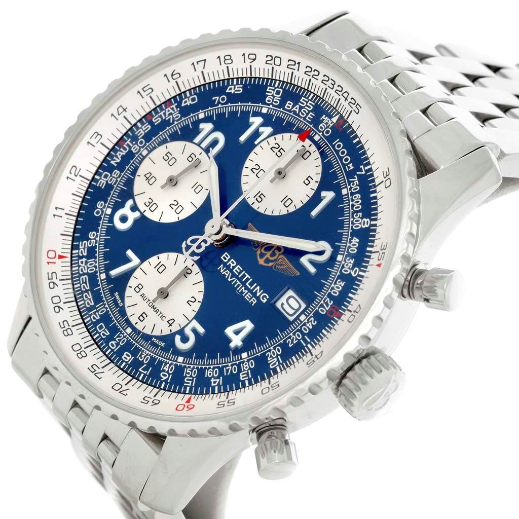 The image shows a close-up of a Breitling Navitimer A13322 Men's Stainless Steel Blue Dial A13322 Men's Stainless Steel Blue Dial watch, highlighting its face, bezel, crown, and part of the bracelet.