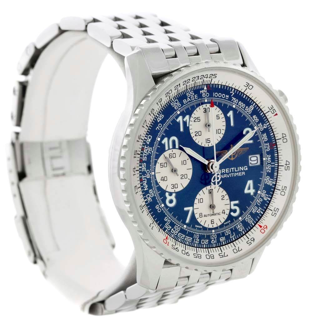This image shows a Breitling Navitimer A13322 Men's Stainless Steel Blue Dial A13322 Men's Stainless Steel Blue Dial watch at a three-quarter front angle, displaying its dial, bezel, and metal bracelet.