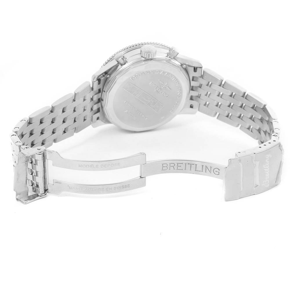 The image shows the back casing and open metal bracelet of a Breitling Navitimer A35330 Men
s Stainless Steel Black Dial A35330 Men
s Stainless Steel Black Dial watch.