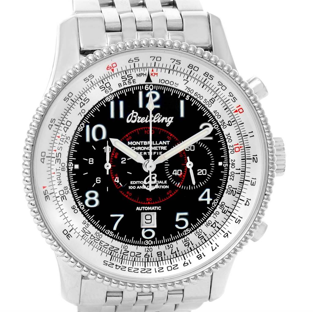 The image shows the front view of a Breitling Navitimer A35330 Men
s Stainless Steel Black Dial A35330 Men
s Stainless Steel Black Dial watch, displaying its dial, bezel, and bracelet.