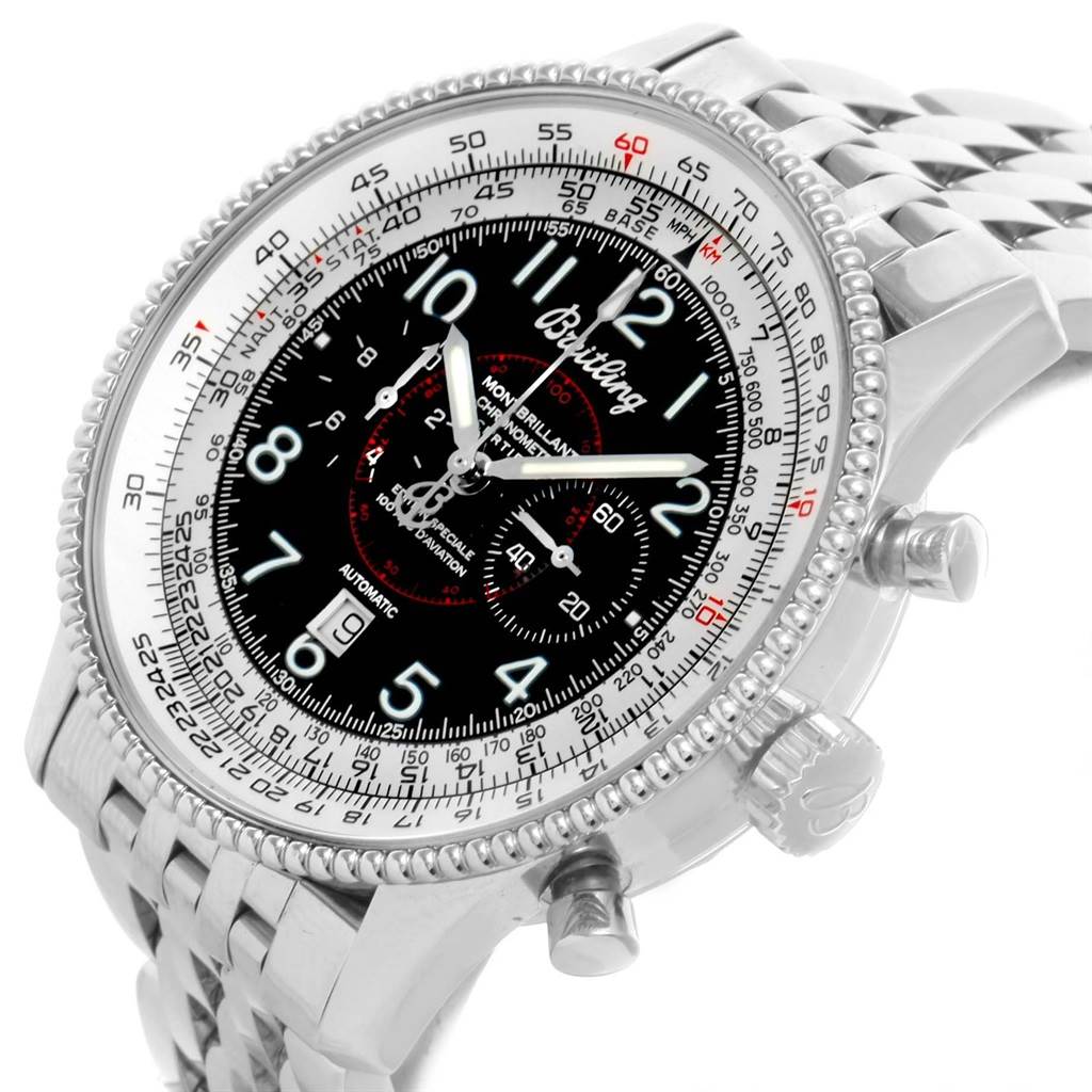 The image shows a close-up, angled side view of the Breitling Navitimer A35330 Men
s Stainless Steel Black Dial A35330 Men
s Stainless Steel Black Dial watch, highlighting its dial, bezel, and buttons.