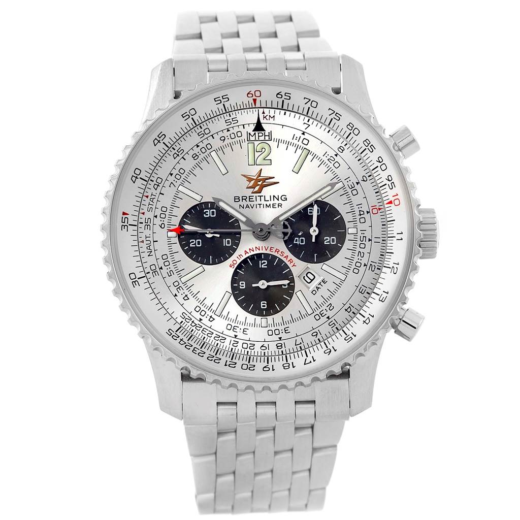The image shows a front view of a Breitling Navitimer A41322 Men's Stainless Steel Silver Dial A41322 Men's Stainless Steel Silver Dial watch, highlighting its face, chronographs, and stainless steel bracelet.