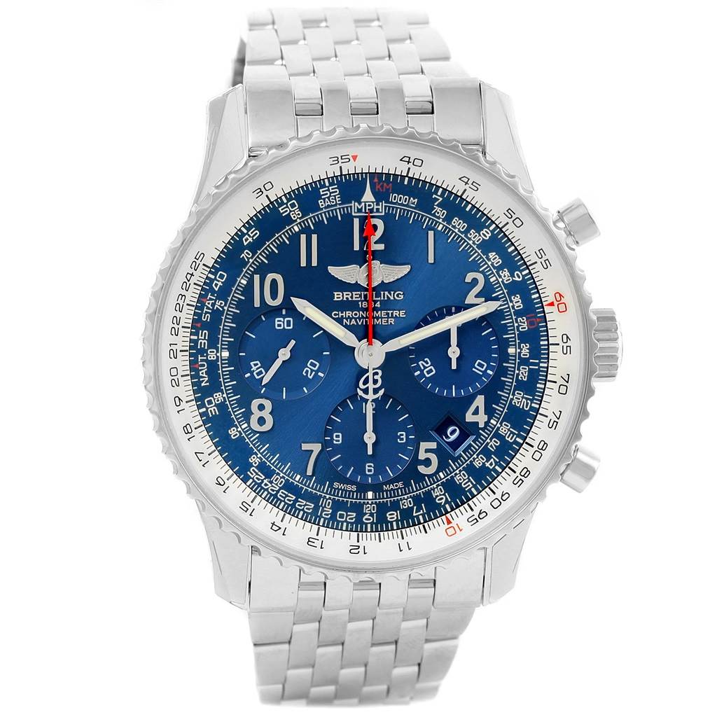 The image shows a front view of a Breitling Navitimer AB0121 Men's Stainless Steel Blue Dial AB0121 Men's Stainless Steel Blue Dial watch, highlighting its blue dial and stainless steel bracelet.