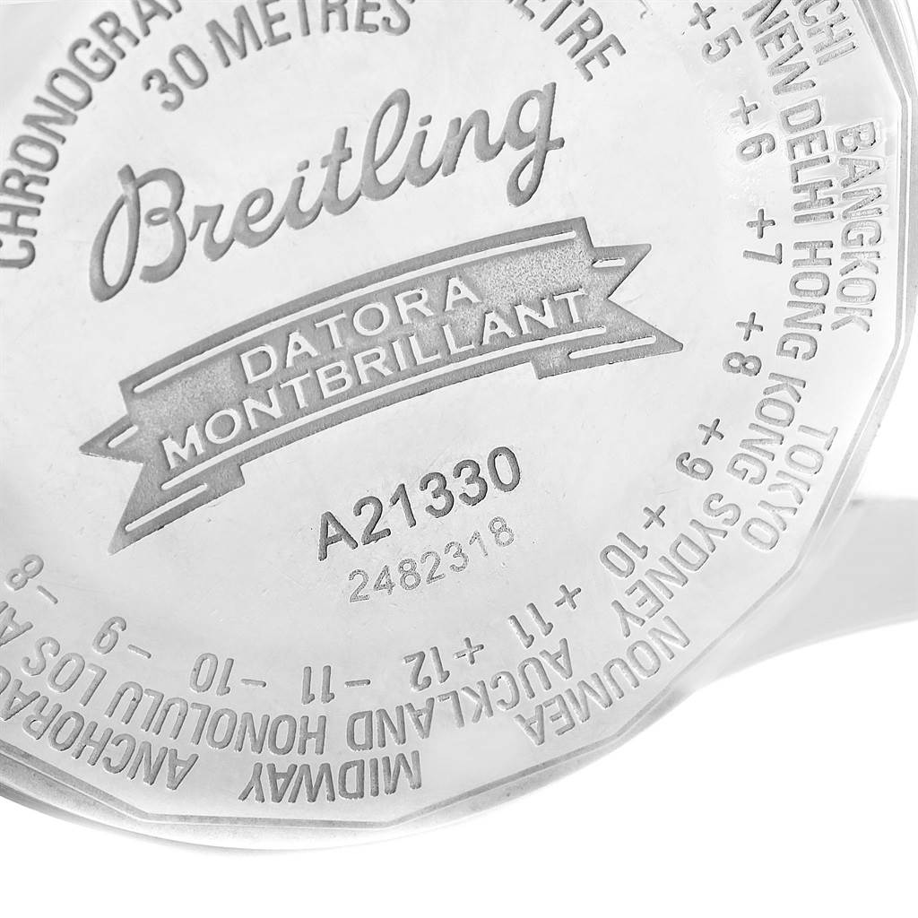 The image shows the engraved back case of a Breitling Navitimer A21330 Men's Stainless Steel Silver Dial A21330 Men's Stainless Steel Silver Dial Datora Montbrillant watch.