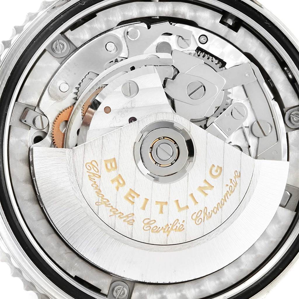This image shows a close-up view of the movement and internal mechanisms of a Breitling Navitimer A21330 Men's Stainless Steel Silver Dial A21330 Men's Stainless Steel Silver Dial watch.