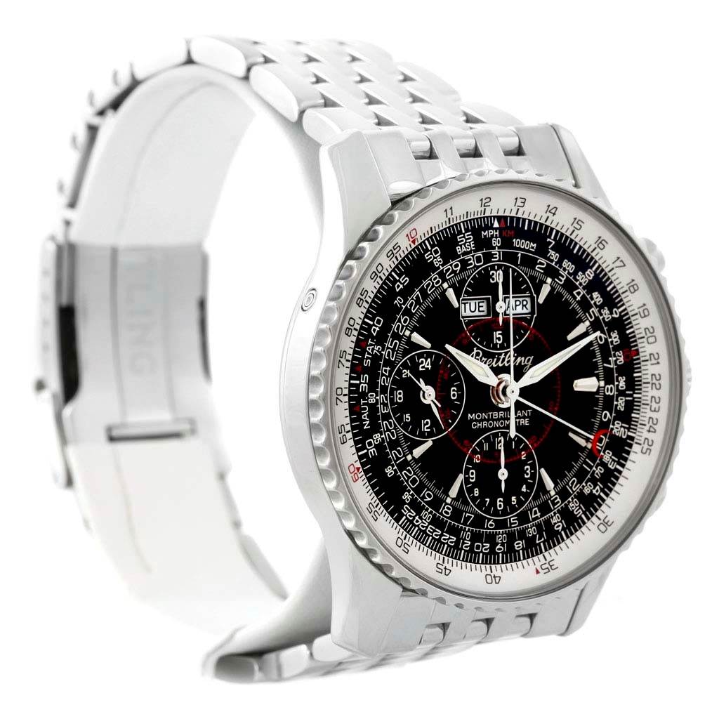 The image shows a Breitling Navitimer A21330 Men's Stainless Steel Silver Dial A21330 Men's Stainless Steel Silver Dial watch at a side angle, highlighting its black dial, complex chronograph, and steel bracelet.