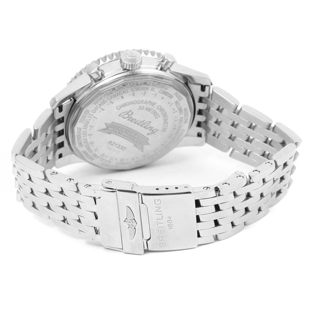 The image shows the back view of a Breitling Navitimer A21330 Men's Stainless Steel Silver Dial A21330 Men's Stainless Steel Silver Dial watch, highlighting the case back and stainless steel bracelet with a clasp.