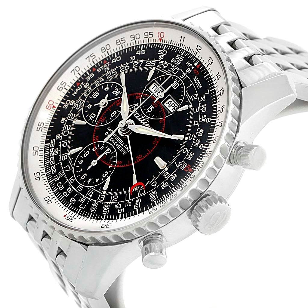 The image shows a close-up, angled view of the Breitling Navitimer A21330 Men's Stainless Steel Silver Dial A21330 Men's Stainless Steel Silver Dial, highlighting its dial, bezel, and part of the metal bracelet.