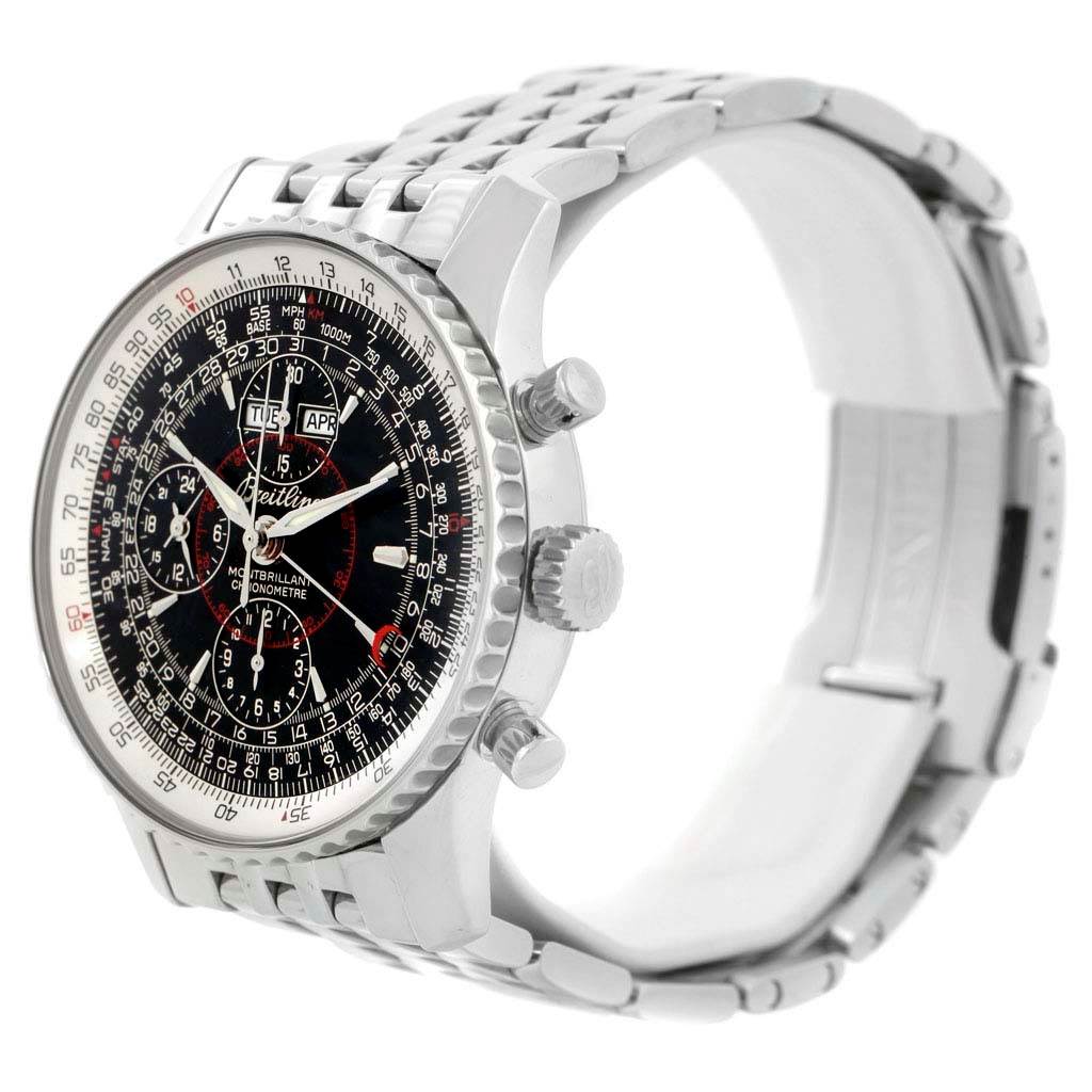 The image shows a Breitling Navitimer A21330 Men's Stainless Steel Silver Dial A21330 Men's Stainless Steel Silver Dial watch from a three-quarter side angle, highlighting its face, bezel, pushers, and metal bracelet.