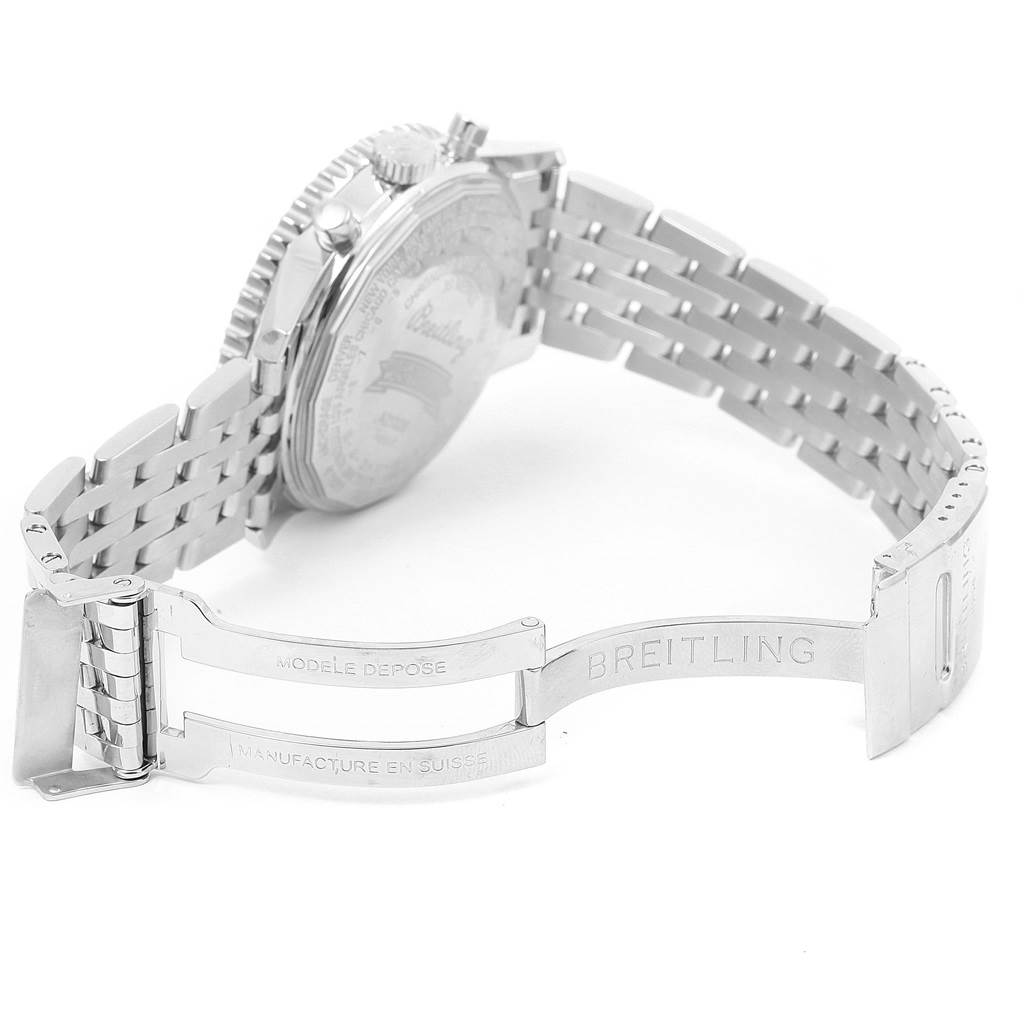 This image shows the partially opened stainless steel bracelet and case back of a Breitling Navitimer A21330 Men's Stainless Steel Silver Dial A21330 Men's Stainless Steel Silver Dial watch from a rear angle.