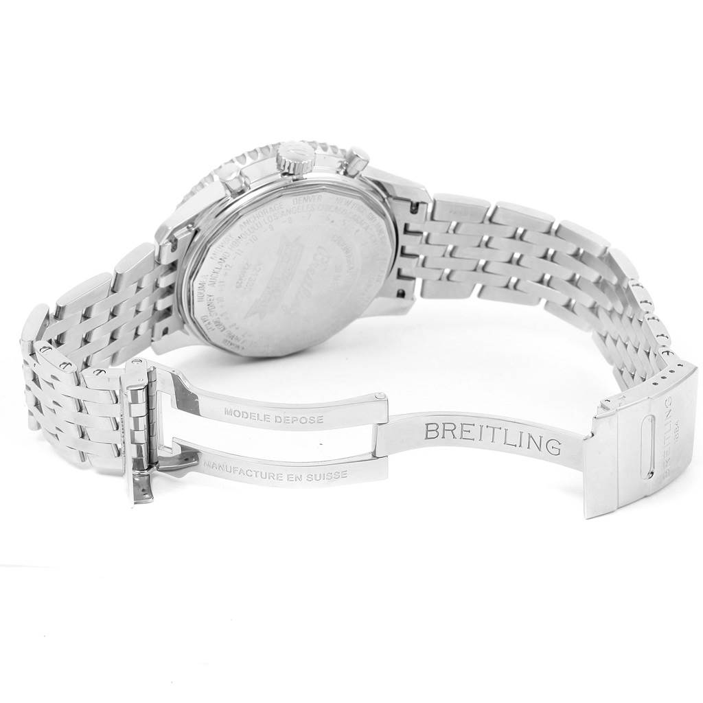 The image shows the back side and clasp mechanism of a Breitling Navitimer A21330 Men's Stainless Steel Silver Dial A21330 Men's Stainless Steel Silver Dial watch.