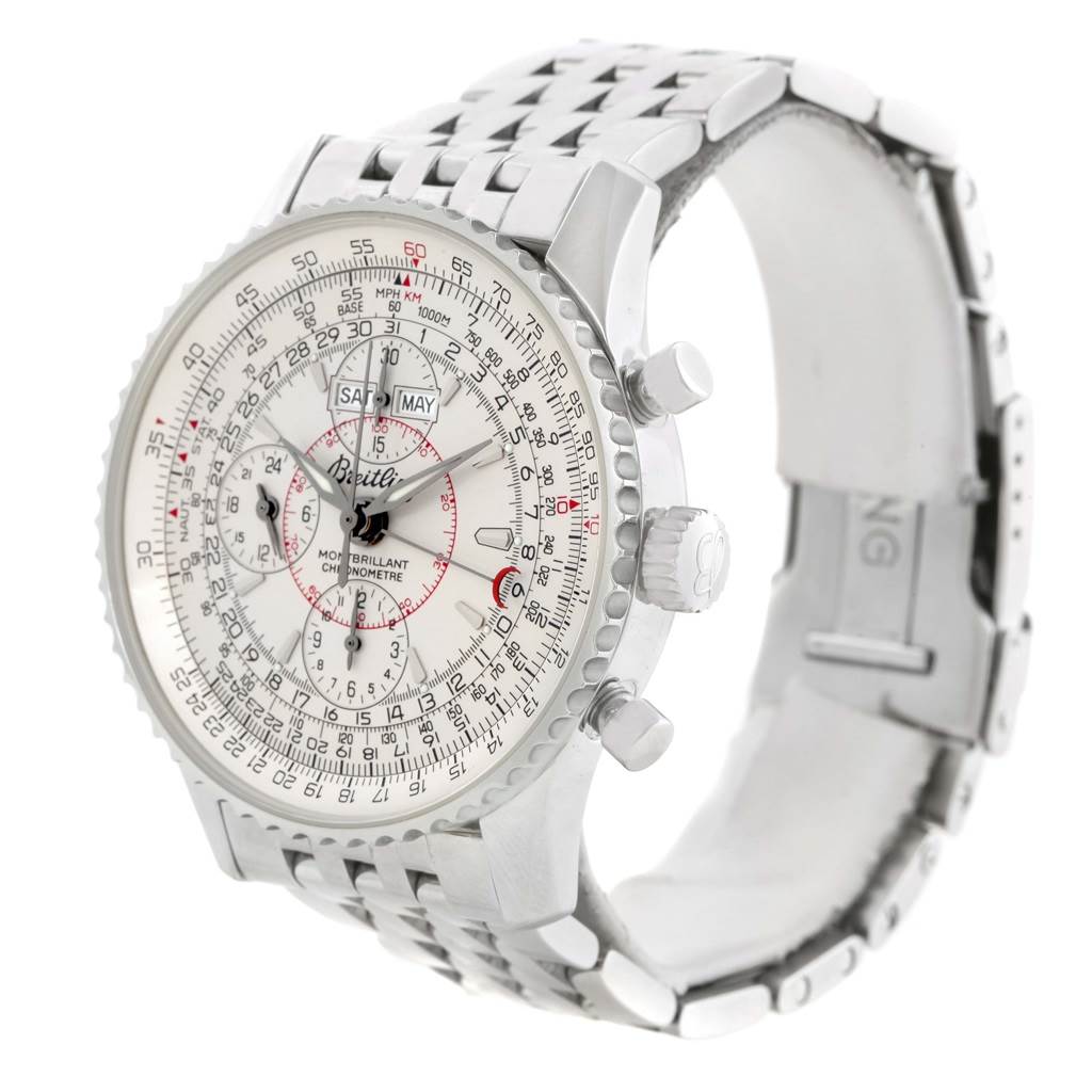 The Breitling Navitimer A21330 Men's Stainless Steel Silver Dial A21330 Men's Stainless Steel Silver Dial watch is shown at a three-quarter angle highlighting its face, bezel, crown, pushers, and bracelet.