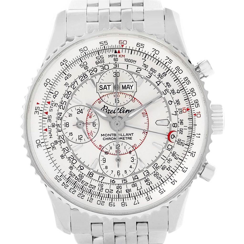 The image shows a front view of a Breitling Navitimer A21330 Men's Stainless Steel Silver Dial A21330 Men's Stainless Steel Silver Dial watch, highlighting the dial, bezel, sub-dials, and part of the bracelet.