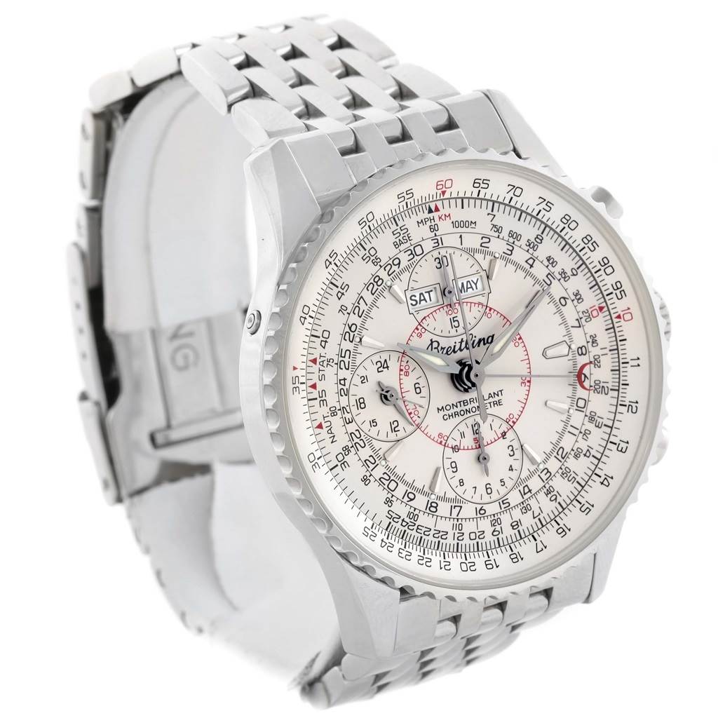 The image shows a Breitling Navitimer A21330 Men's Stainless Steel Silver Dial A21330 Men's Stainless Steel Silver Dial watch at an angle, displaying its face, bezel, crown, and linked bracelet.