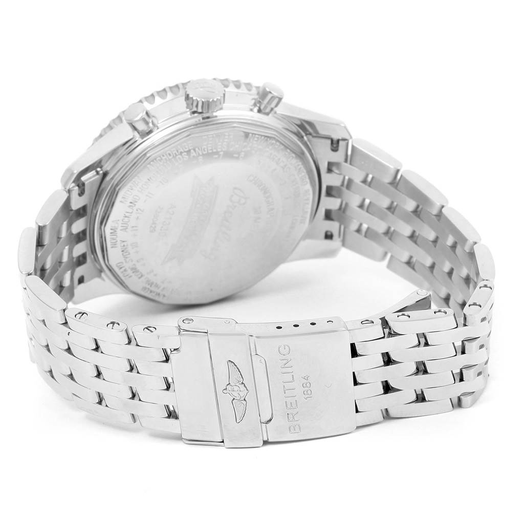The image shows the case back and bracelet of a Breitling Navitimer A21330 Men's Stainless Steel Silver Dial A21330 Men's Stainless Steel Silver Dial watch from a rear angle.