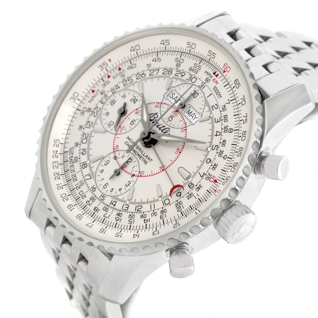 The image shows a close-up, angled view of the face and part of the bracelet of a Breitling Navitimer A21330 Men's Stainless Steel Silver Dial A21330 Men's Stainless Steel Silver Dial watch.