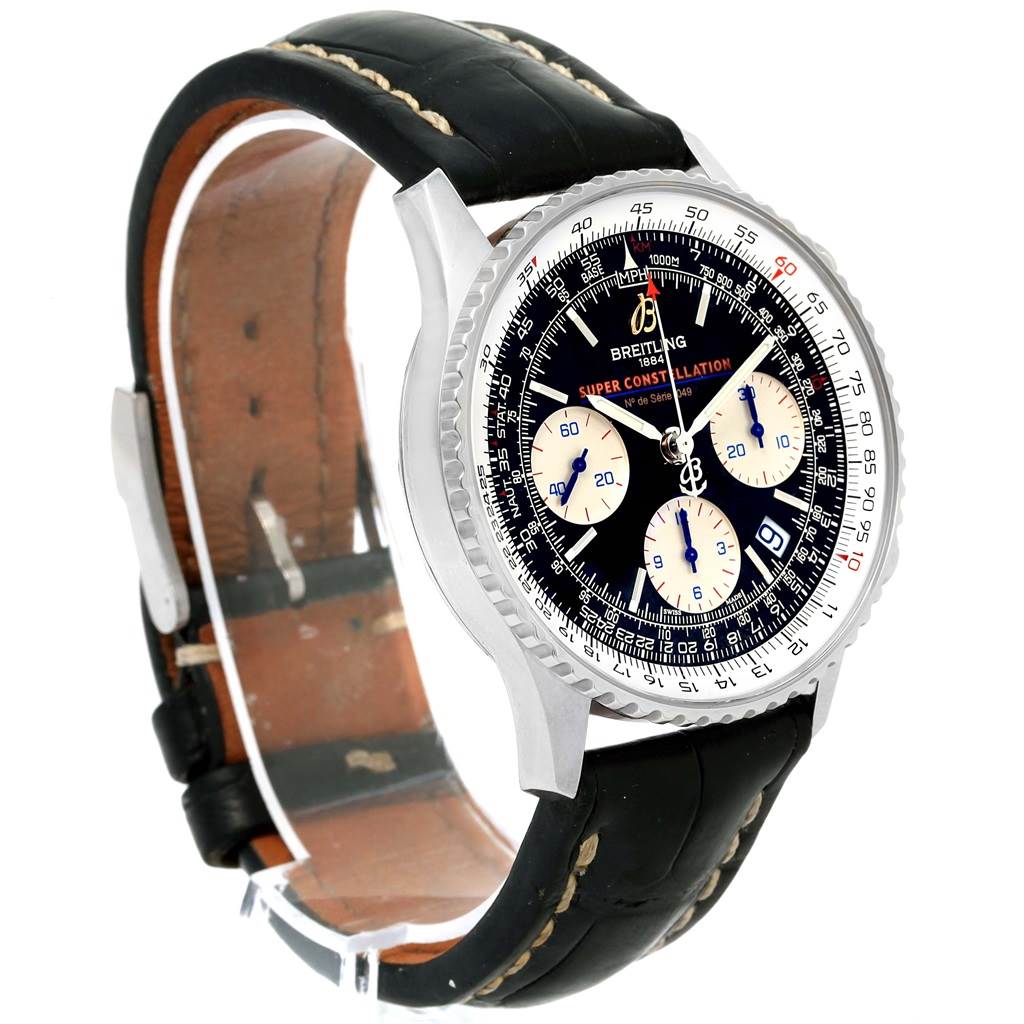The image shows a Breitling Navitimer A13322 Men's Stainless Steel Black Dial A13322 Men's Stainless Steel Black Dial watch at a three-quarter angle, showcasing its black dial, chronograph subdials, and leather strap.