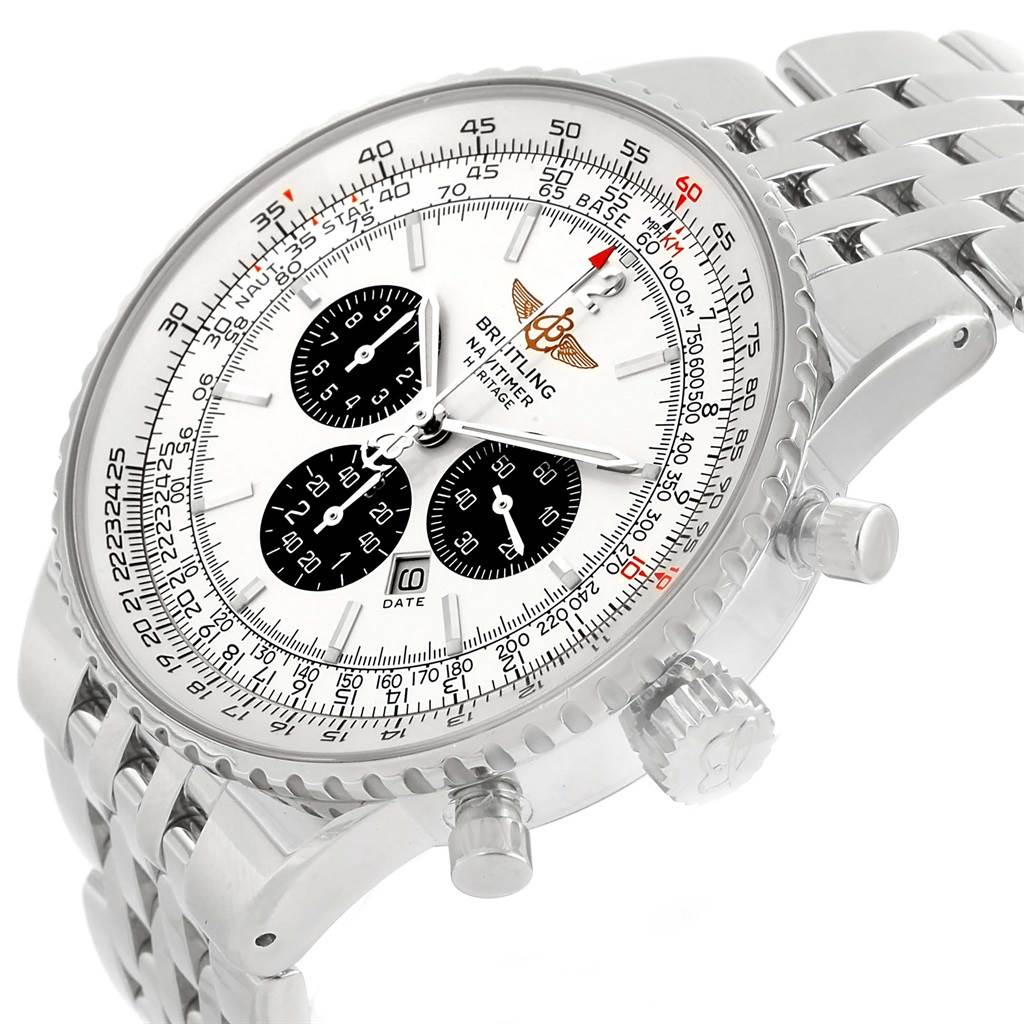 The image shows a side and partial top view of the Breitling Navitimer A35350 Men's Stainless Steel Silver Dial A35350 Men's Stainless Steel Silver Dial, highlighting the dial, crown, and stainless steel bracelet.