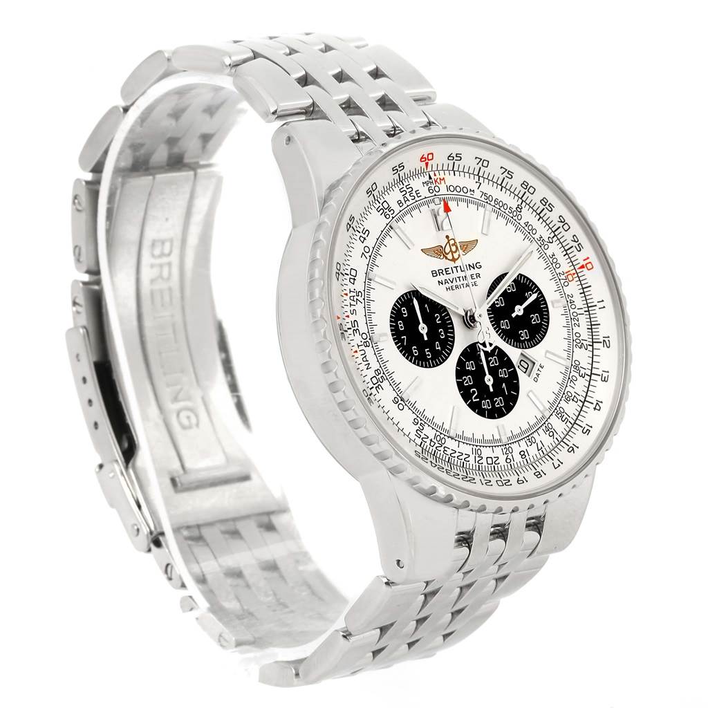 This image shows a Breitling Navitimer A35350 Men's Stainless Steel Silver Dial A35350 Men's Stainless Steel Silver Dial watch at an angle highlighting the face, chronographs, bezel, and part of the metal bracelet.