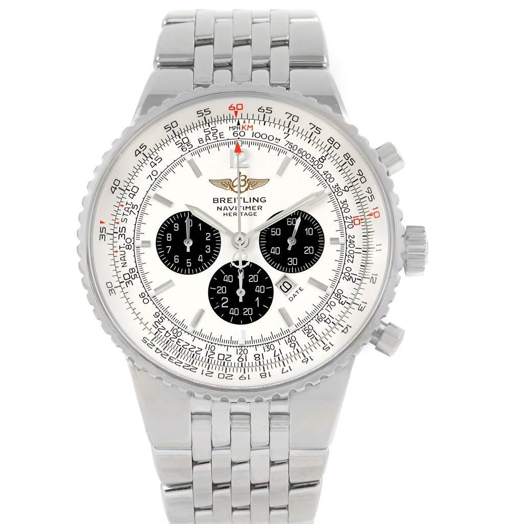 The image shows a front view of a Breitling Navitimer A35350 Men's Stainless Steel Silver Dial A35350 Men's Stainless Steel Silver Dial watch, highlighting the dial, bezel, and bracelet.