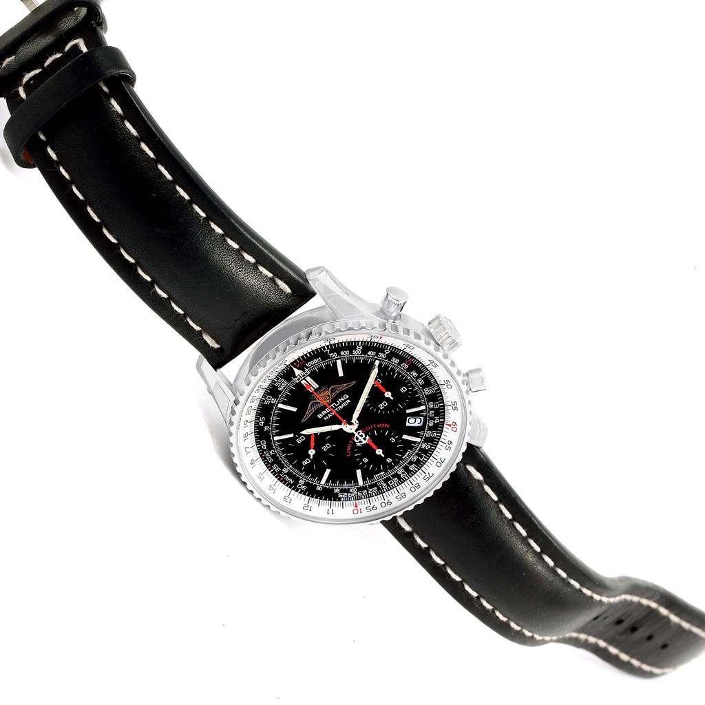 The Breitling Navitimer A23322 Men's Stainless Steel Black Dial A23322 Men's Stainless Steel Black Dial watch is shown at an oblique angle, highlighting the black dial, bezel, and leather strap.
