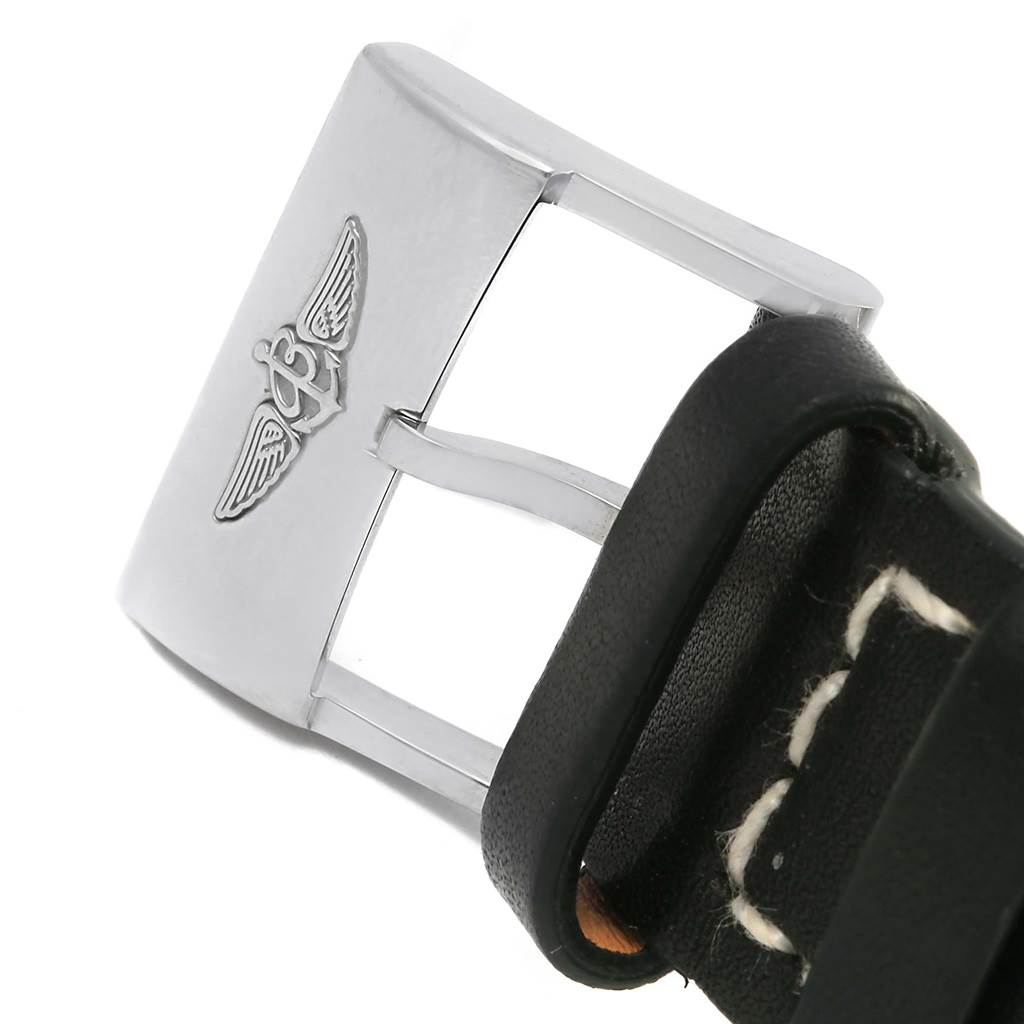 This image shows a close-up of the buckle and part of the leather strap of a Breitling Navitimer A23322 Men's Stainless Steel Black Dial A23322 Men's Stainless Steel Black Dial watch.