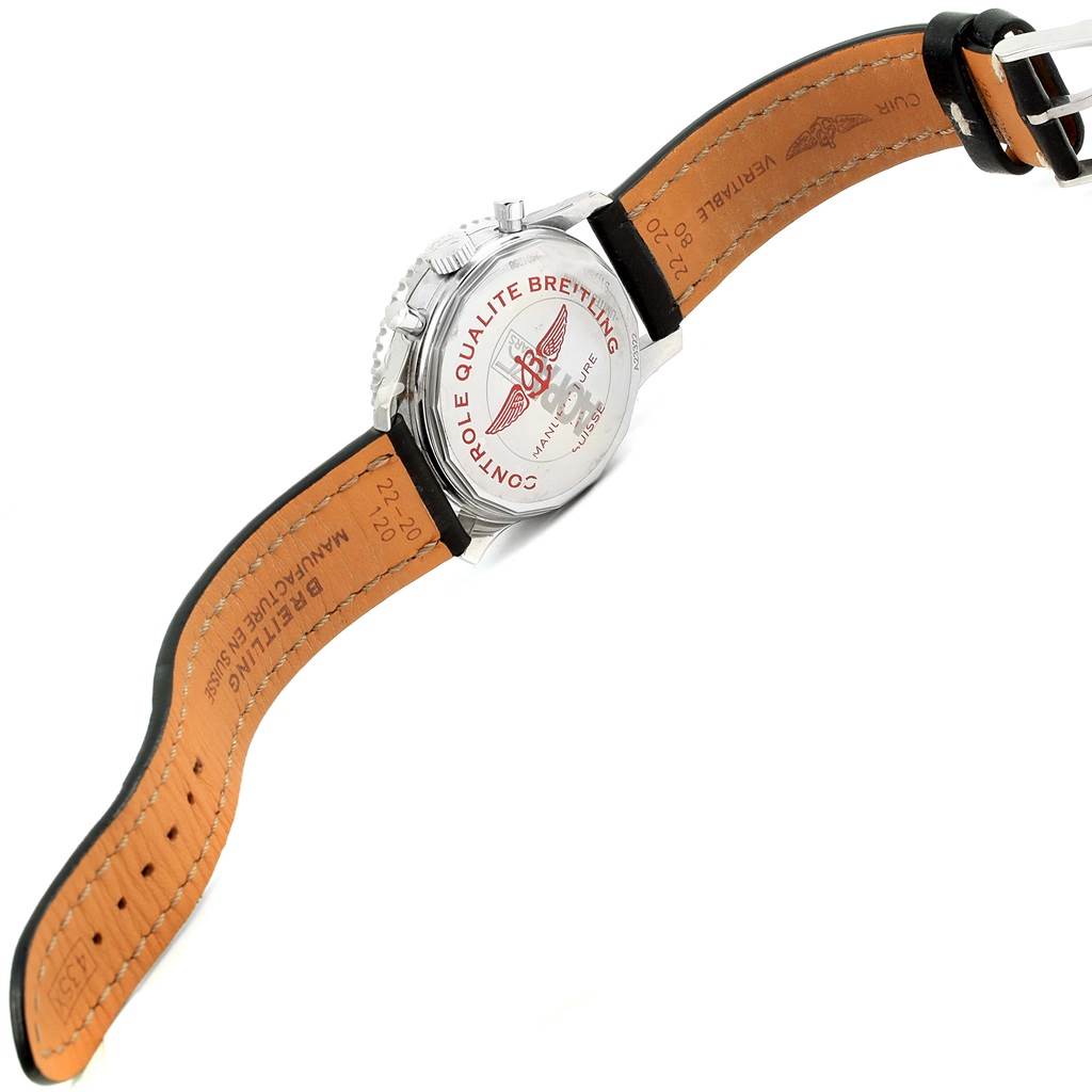 The image shows the back and strap of a Breitling Navitimer A23322 Men's Stainless Steel Black Dial A23322 Men's Stainless Steel Black Dial watch lying flat from a rear angle.