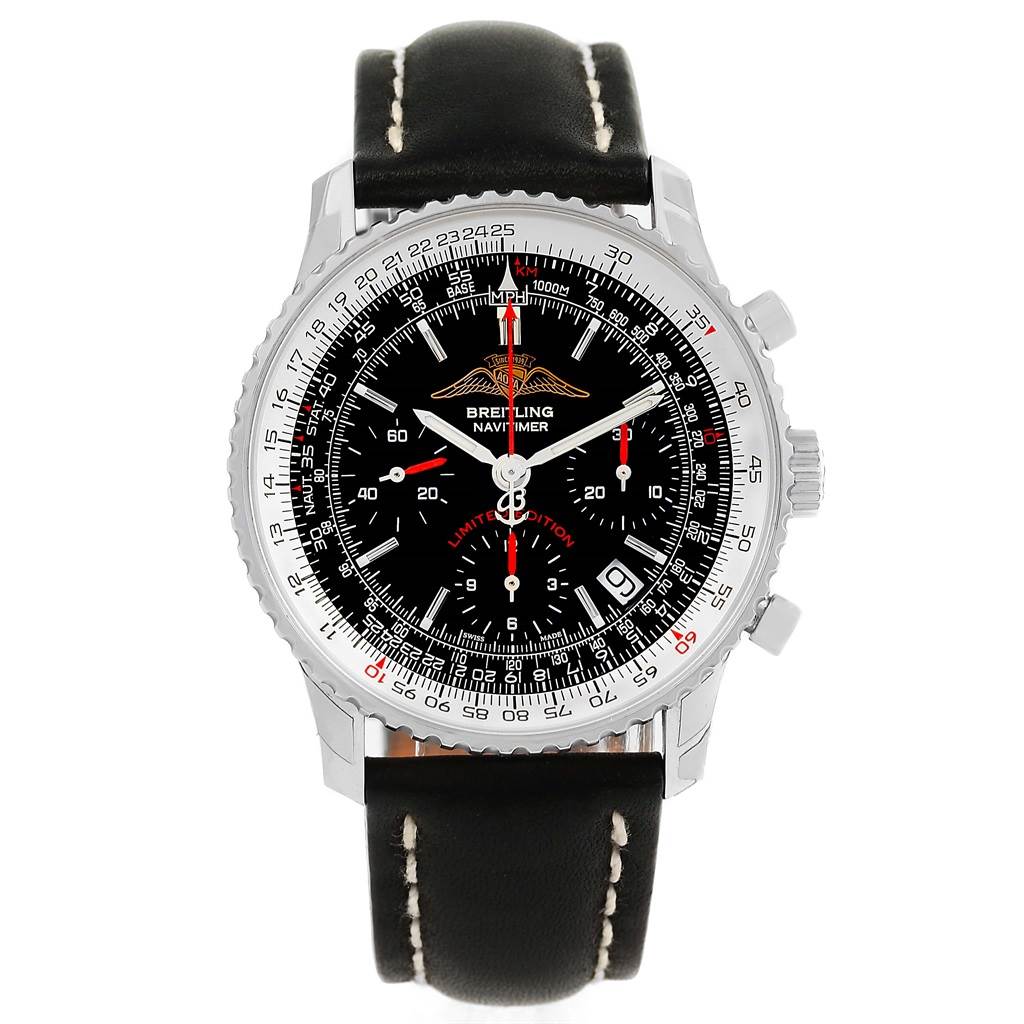The image shows a frontal view of a Breitling Navitimer A23322 Men's Stainless Steel Black Dial A23322 Men's Stainless Steel Black Dial watch, displaying its face, bezel, case, and black leather strap.