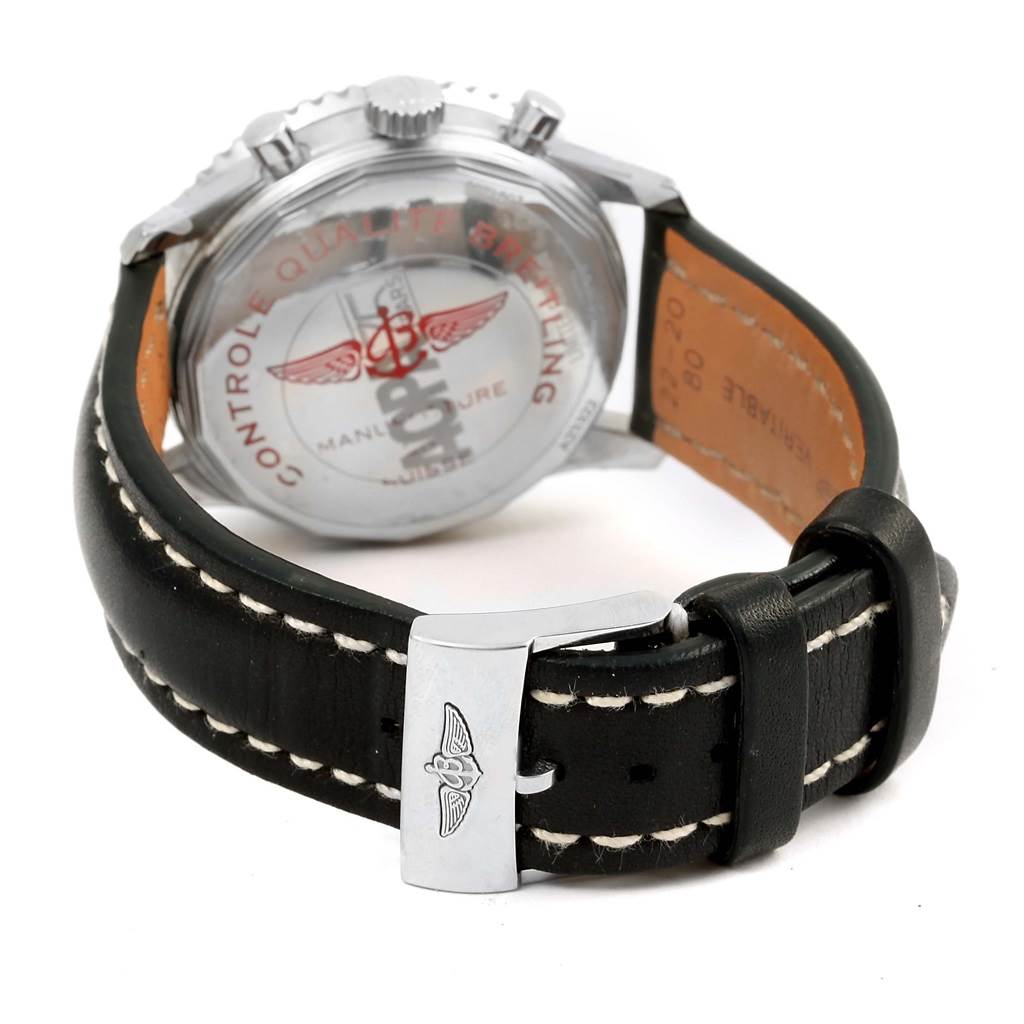The image shows the back and strap buckle of a Breitling Navitimer A23322 Men's Stainless Steel Black Dial A23322 Men's Stainless Steel Black Dial watch, highlighting the branded clasp and case back engraving.