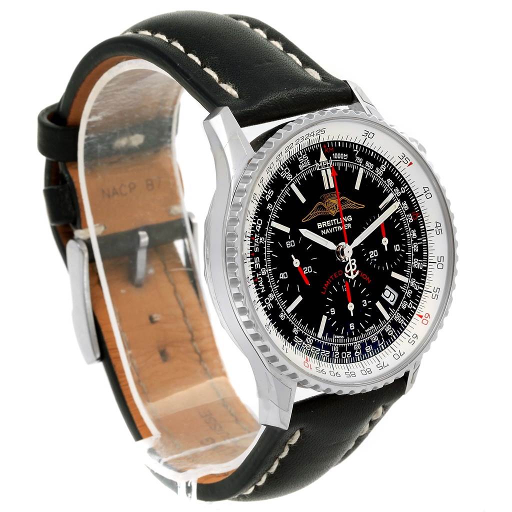 The Breitling Navitimer A23322 Men's Stainless Steel Black Dial A23322 Men's Stainless Steel Black Dial watch is shown at a slight angle, highlighting the face, bezel, and leather strap with white stitching.