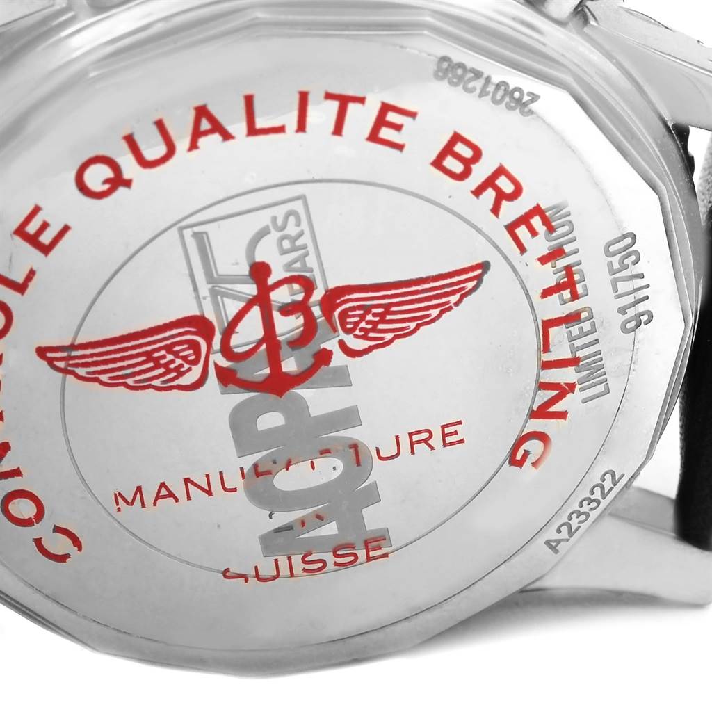 The image shows a close-up of the back case of a Breitling Navitimer A23322 Men's Stainless Steel Black Dial A23322 Men's Stainless Steel Black Dial watch, highlighting the model number and limited edition engraving.