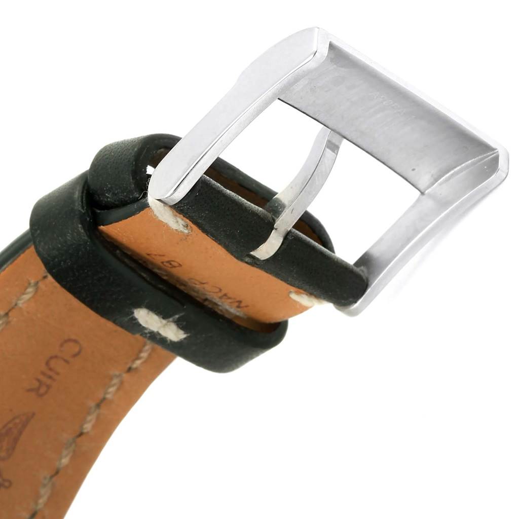 This close-up image shows the leather strap and buckle of a Breitling Navitimer A23322 Men's Stainless Steel Black Dial A23322 Men's Stainless Steel Black Dial watch.