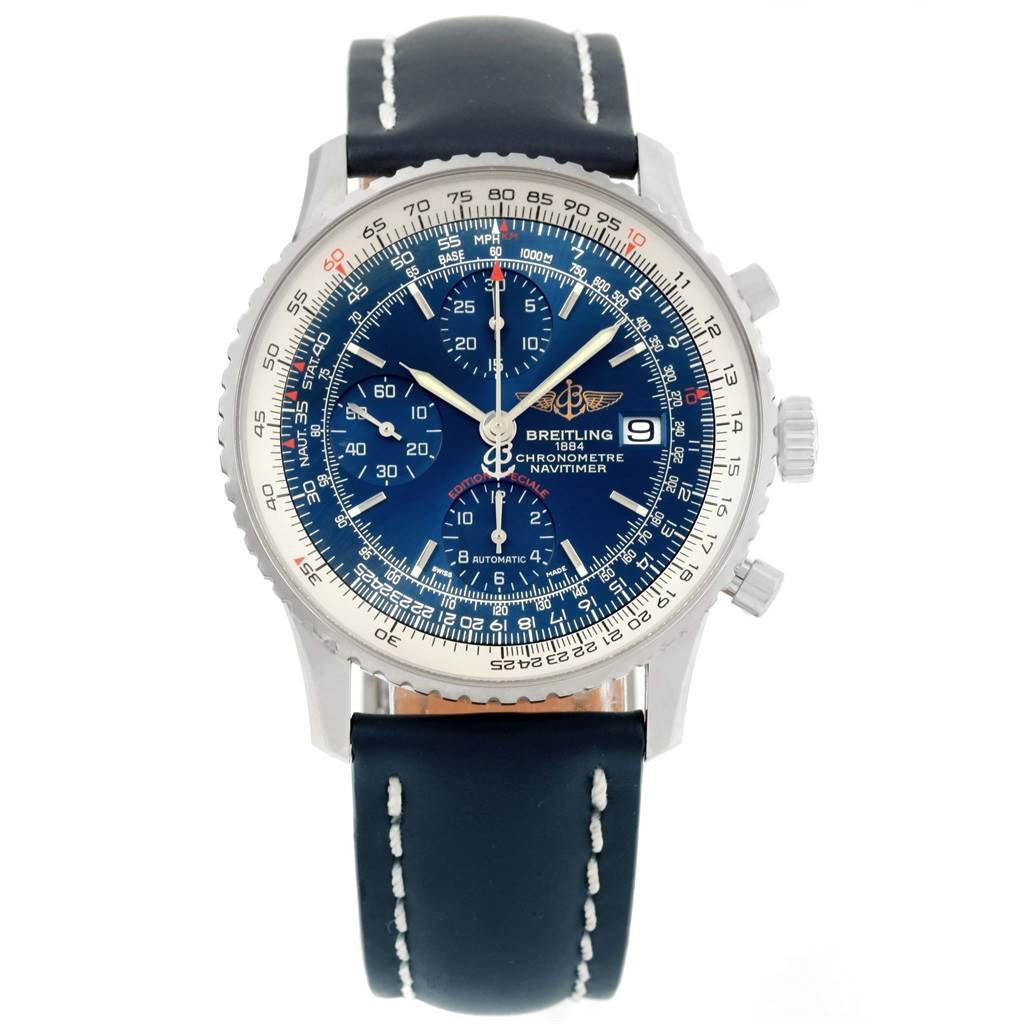 This image shows a front view of a Breitling Navitimer A13324 Men's Stainless Steel Blue Dial A13324 Men's Stainless Steel Blue Dial watch, highlighting the dial, bezel, and leather strap.