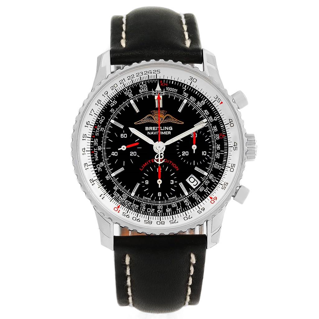 The image shows a front view of a Breitling Navitimer A23322 Men's Stainless Steel Black Dial A23322 Men's Stainless Steel Black Dial watch with a black dial and black leather strap.