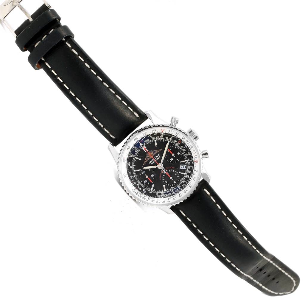 The Breitling Navitimer A23322 Men's Stainless Steel Black Dial A23322 Men's Stainless Steel Black Dial watch is shown at a slight diagonal angle, displaying the face, bezel, crown, pushers, and leather strap.