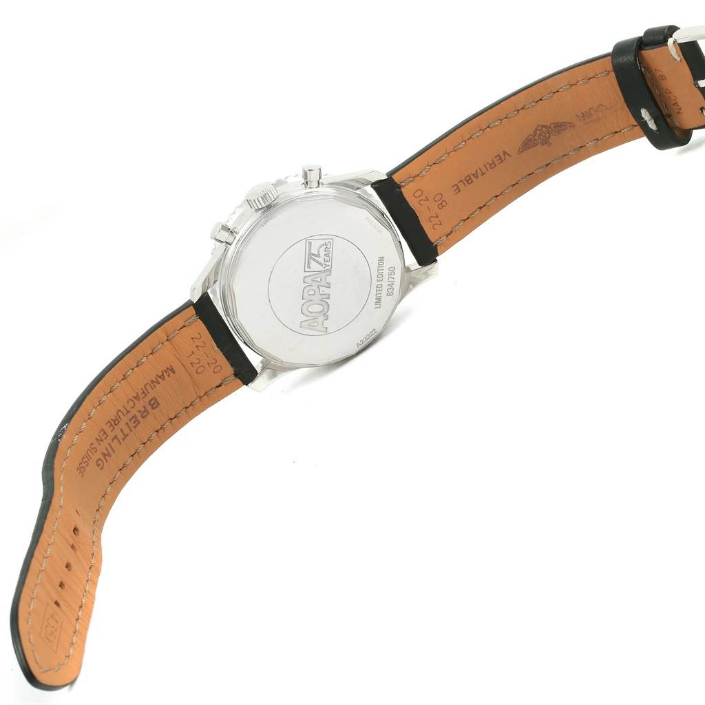 The image shows the back view of a Breitling Navitimer A23322 Men's Stainless Steel Black Dial A23322 Men's Stainless Steel Black Dial watch, including the case back and leather strap.