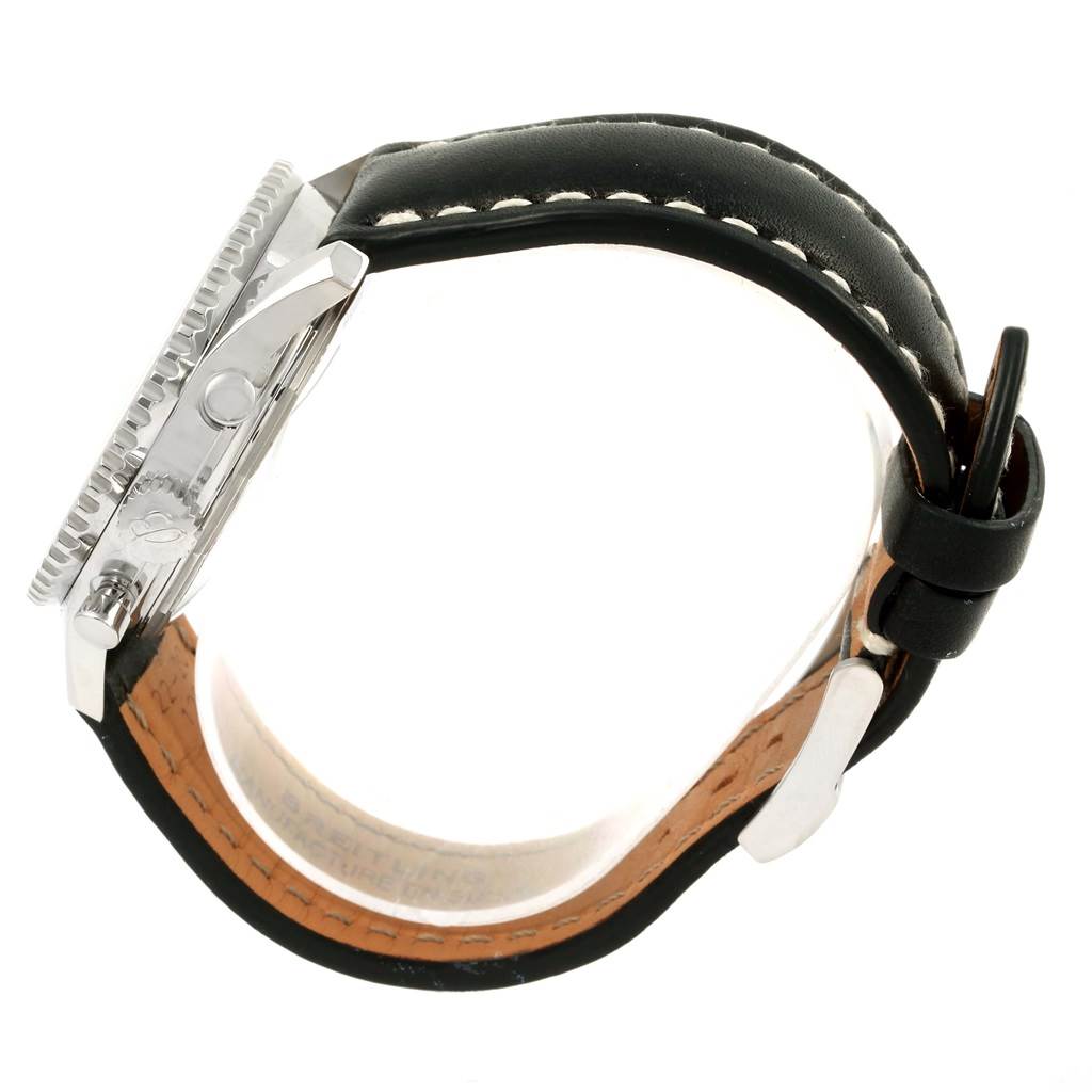 This image shows a side view of a Breitling Navitimer A23322 Men's Stainless Steel Black Dial A23322 Men's Stainless Steel Black Dial watch with a black leather strap.