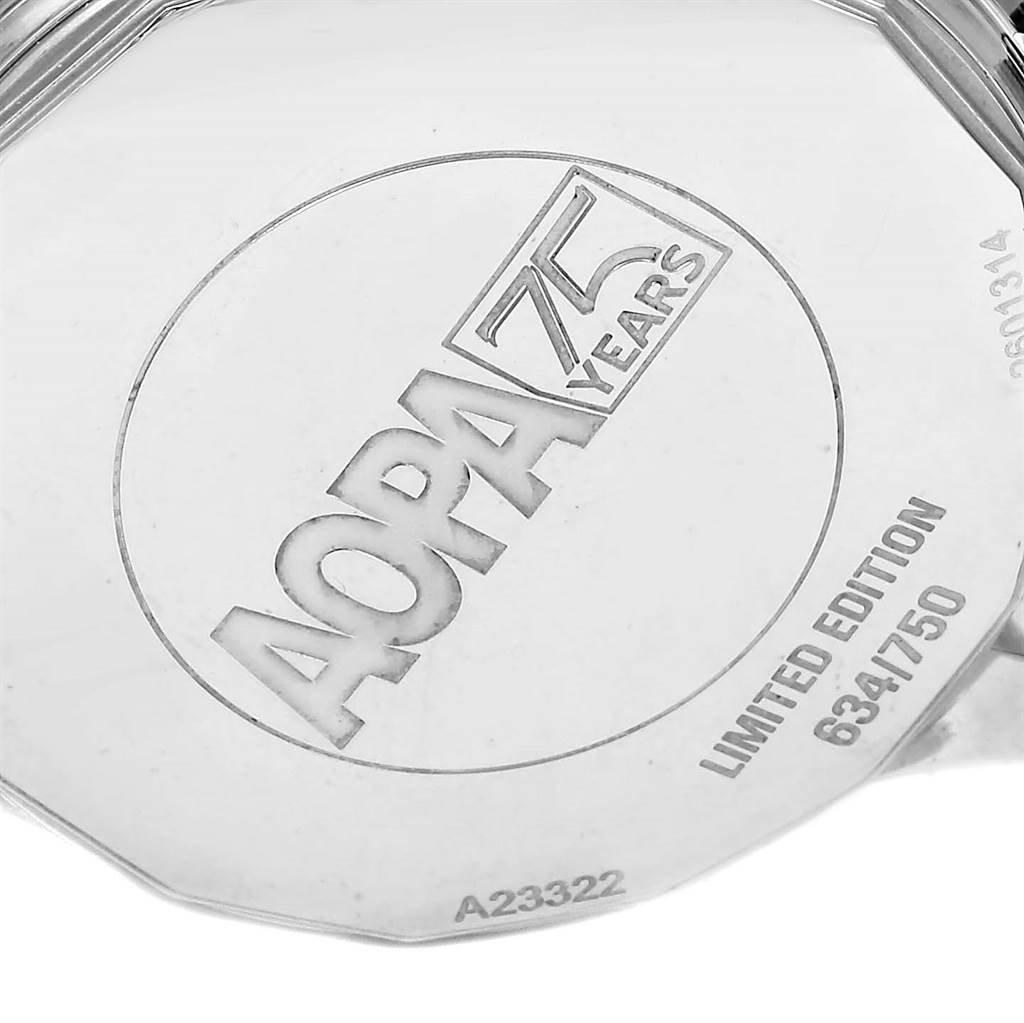 This close-up image shows the engraved case back of a Breitling Navitimer A23322 Men's Stainless Steel Black Dial A23322 Men's Stainless Steel Black Dial watch, highlighting the "AOPA 75 YEARS" and "LIMITED EDITION" details.