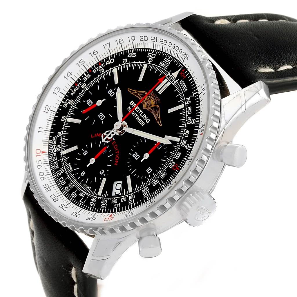 The Breitling Navitimer A23322 Men's Stainless Steel Black Dial A23322 Men's Stainless Steel Black Dial watch is viewed from an angled side, showing its face, bezel, crown, and part of the black leather strap.