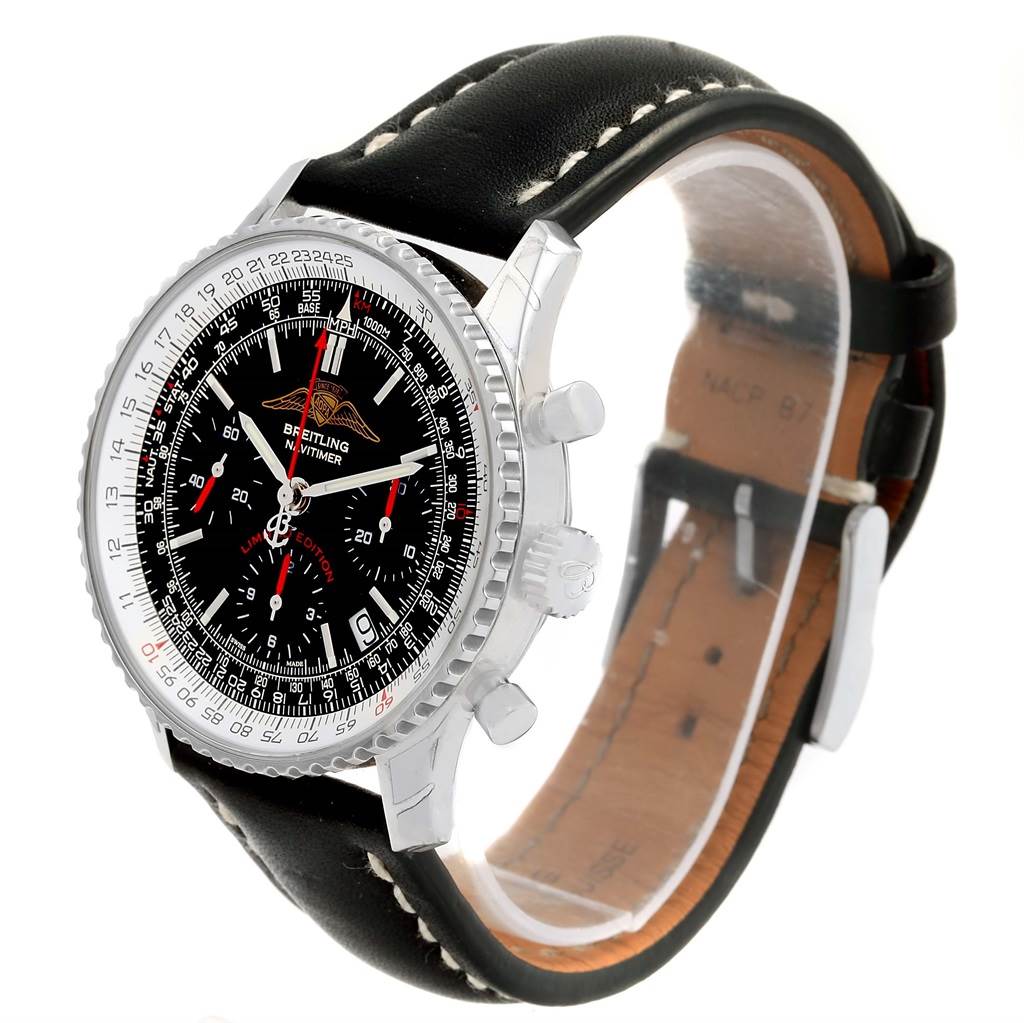 This image shows a Breitling Navitimer A23322 Men's Stainless Steel Black Dial A23322 Men's Stainless Steel Black Dial watch at a 3/4 angle, highlighting its black dial, chronograph buttons, and leather strap.