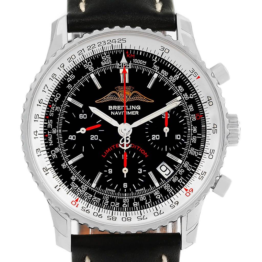 The image shows a front view of the Breitling Navitimer A23322 Men's Stainless Steel Black Dial A23322 Men's Stainless Steel Black Dial watch, highlighting the dial, bezel, and part of the leather strap.