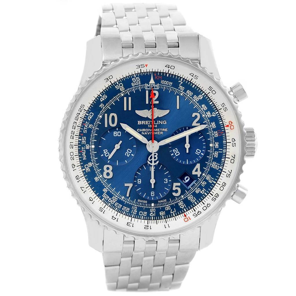 The image shows a front view of a Breitling Navitimer AB0121 Men's Stainless Steel Blue Dial AB0121 Men's Stainless Steel Blue Dial watch with a blue dial and stainless steel bracelet.